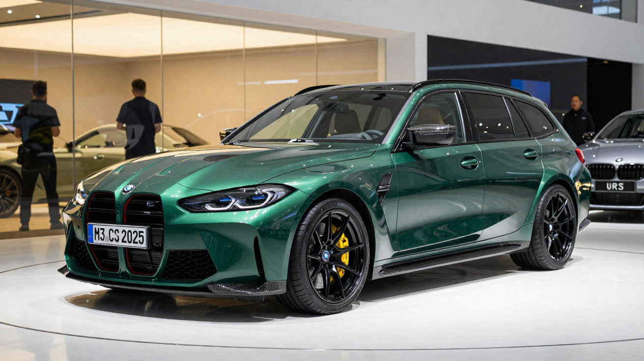 BMW M3 CS Touring verde metálico exibido em salão de carros, com rodas pretas e freios amarelos.