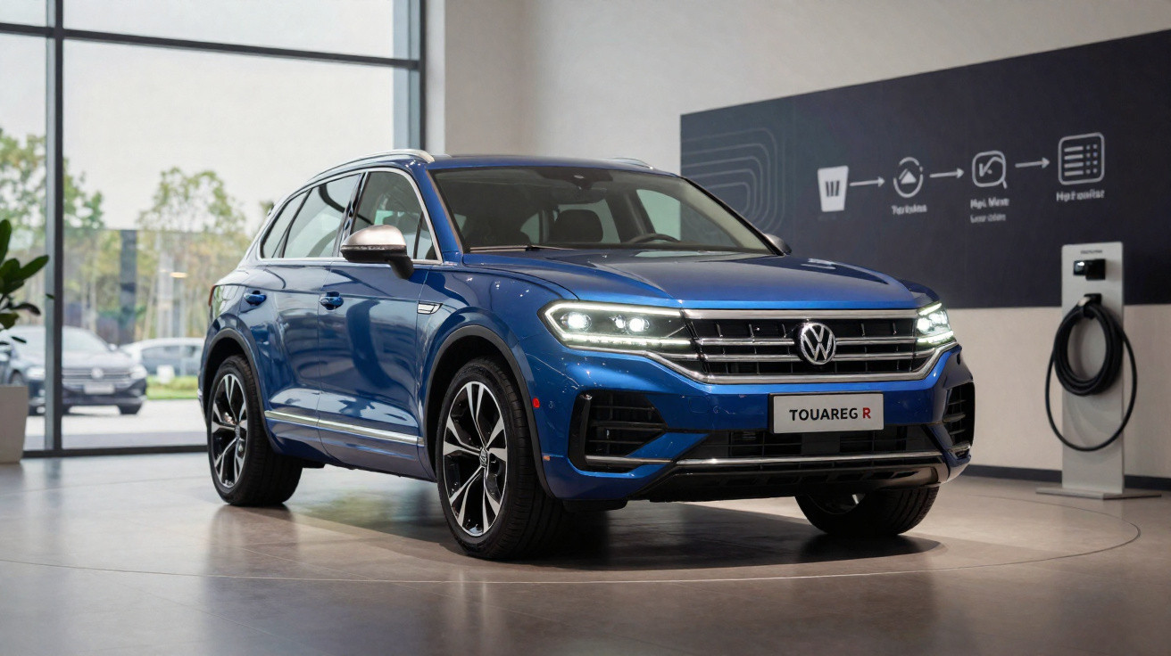 Carro azul Volkswagen Touareg R estacionado em ambiente interno, com iluminação e tomada de carregamento ao fundo.