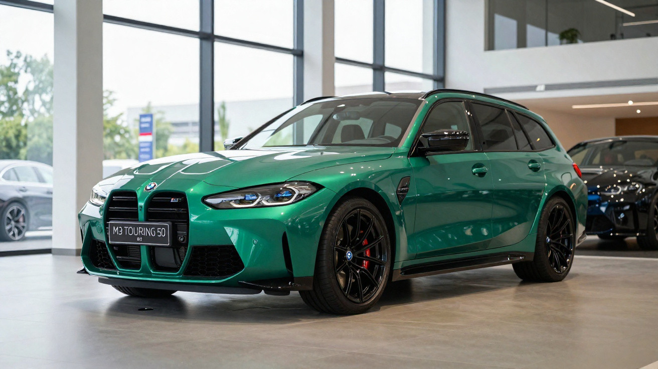 Carro BMW M3 Touring verde em exposição dentro de showroom moderno e iluminado.