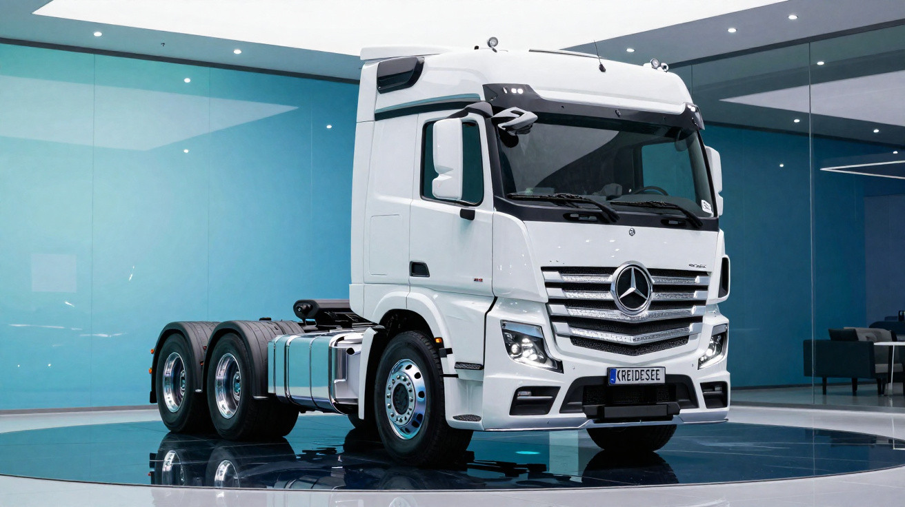 Caminhão branco Mercedes-Benz exposto em plataforma rotativa dentro de ambiente moderno e iluminado.