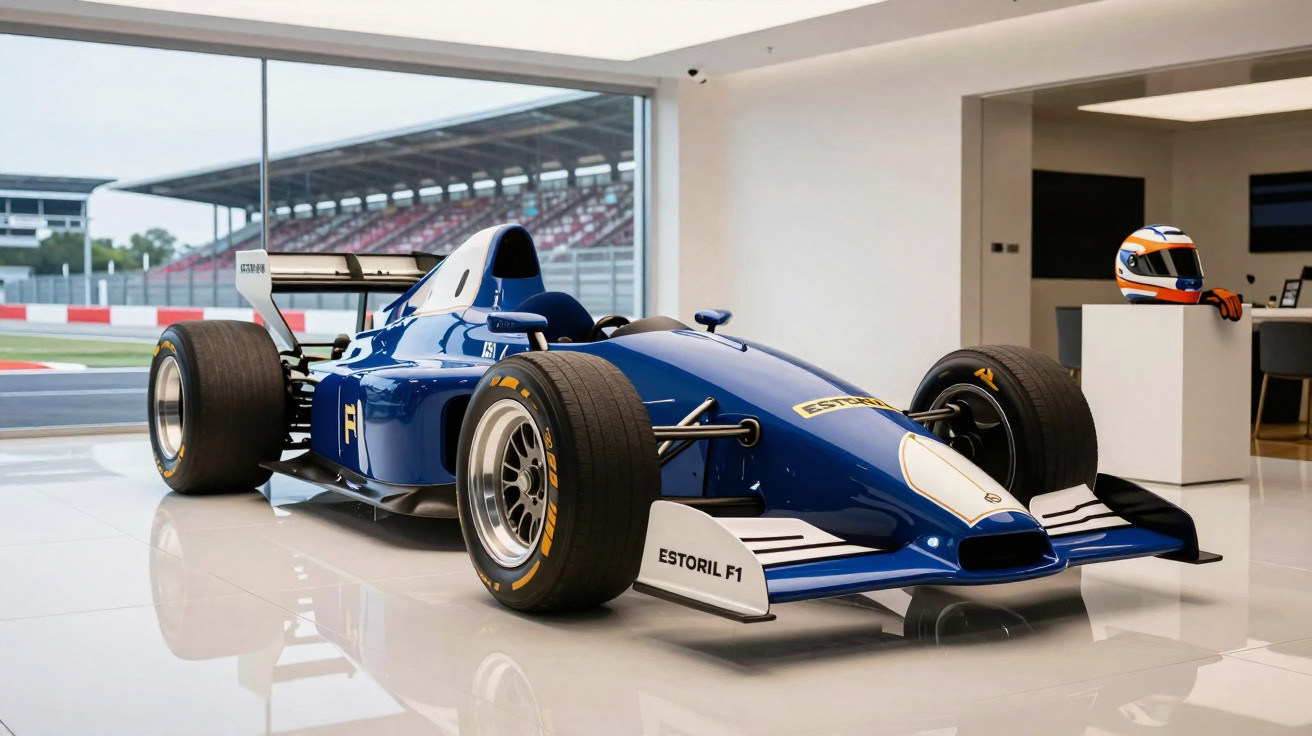 Carro de corrida Fórmula 1 azul em ambiente interno com capacete ao lado e pista ao fundo.