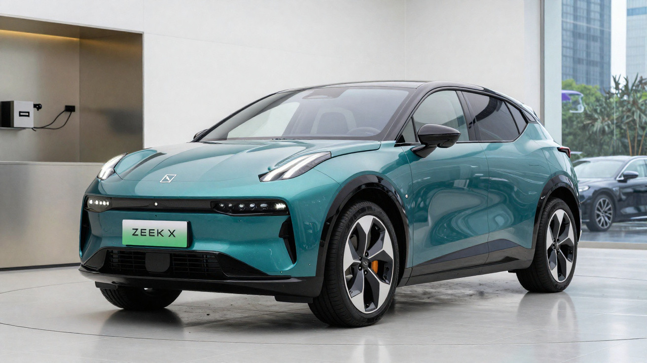 Carro elétrico compacto ZEEK X verde exibido em ambiente interno moderno e iluminado.