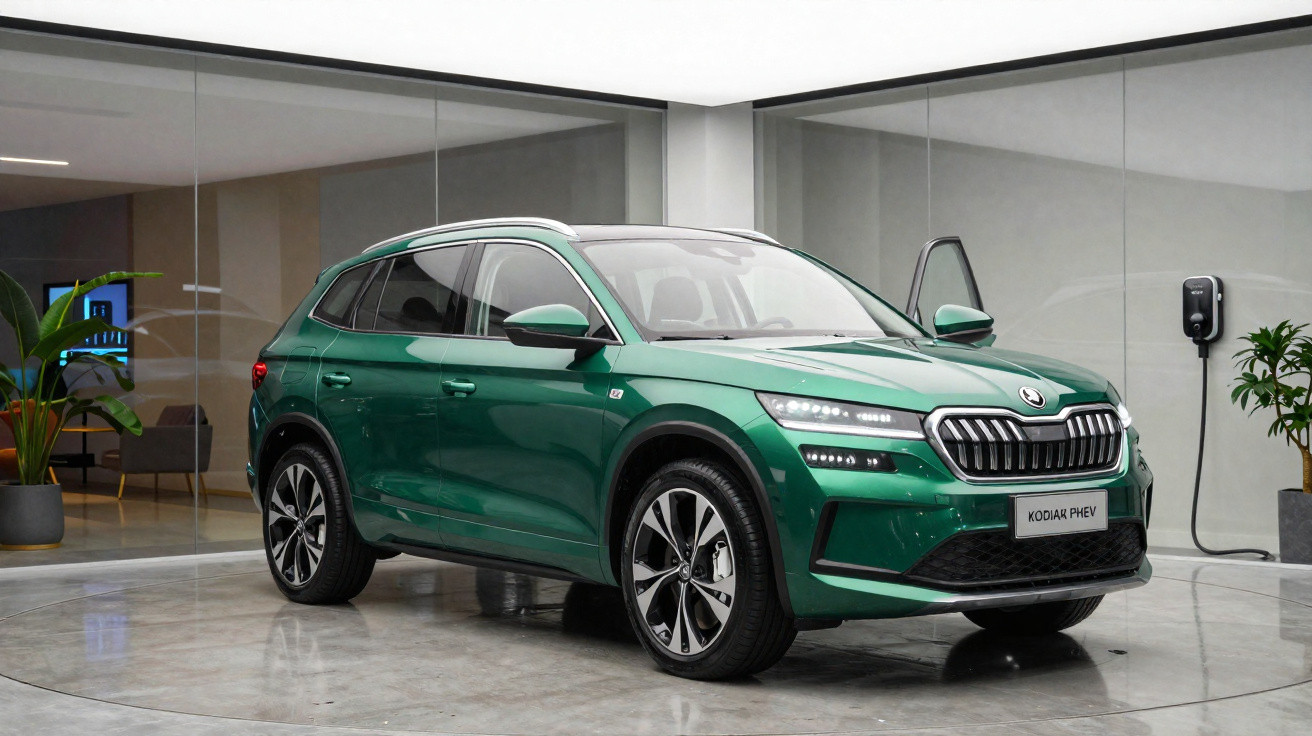 SUV verde Skoda Kodiaq PHEV estacionado em garagem moderna e carregador elétrico na parede.