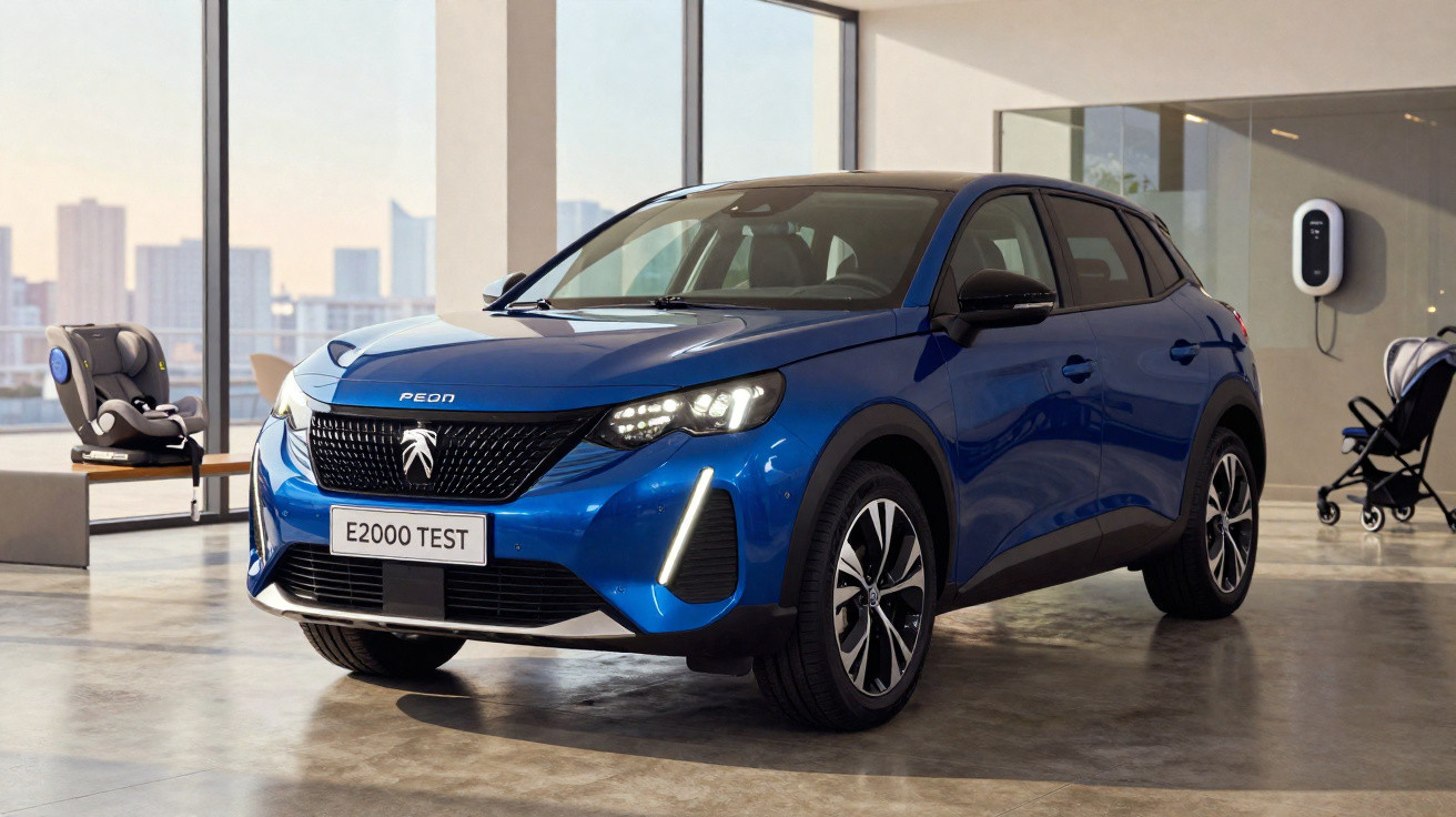 Carro elétrico azul Peugeot E2000 estacionado em ambiente interno com vista para cidade ao fundo.