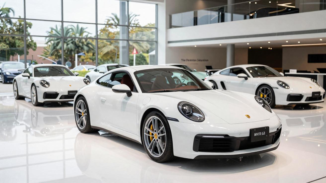 Concessionária de carros com três modelos esportivos Porsche 911 brancos em piso brilhante.