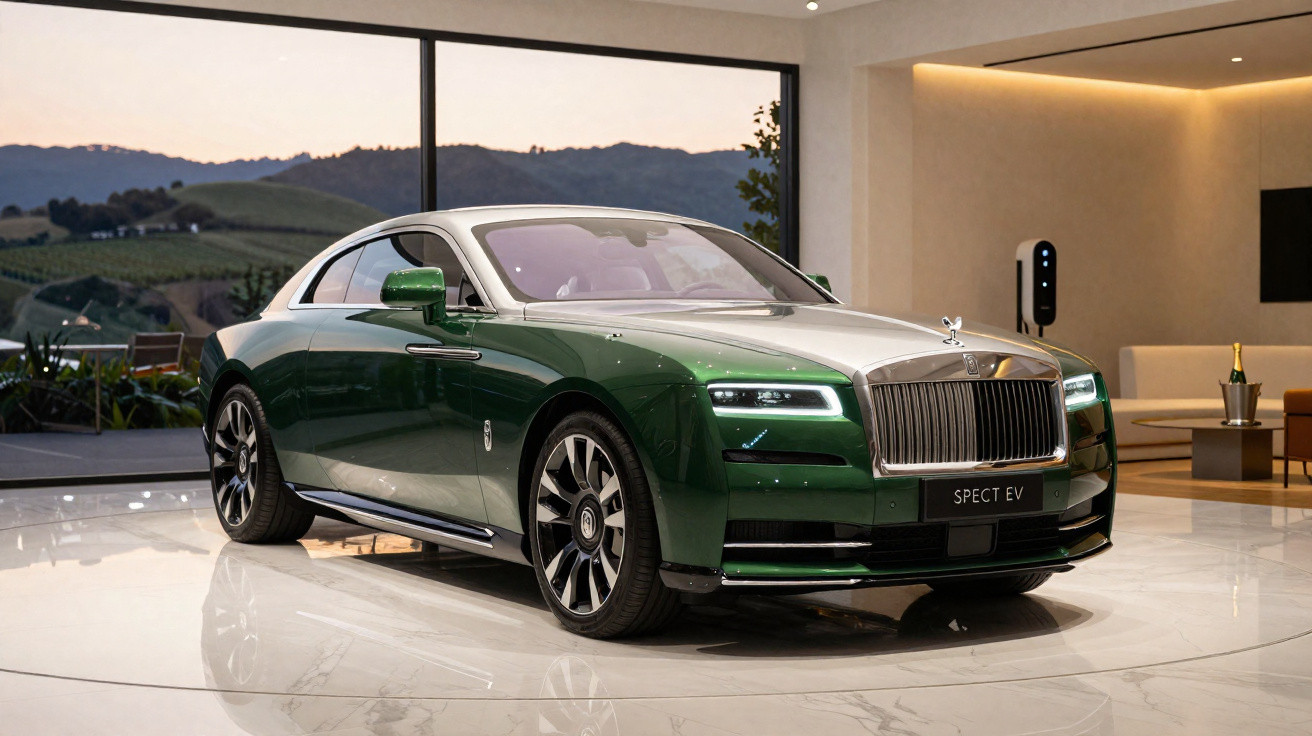Carro elétrico Rolls-Royce Spectre verde e prata exibido em ambiente luxuoso com vista para montanhas.