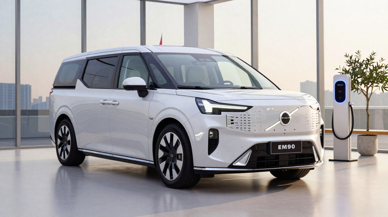 Minivan elétrica branca Volvo EM90 estacionada em ambiente interno moderno com estação de recarga.