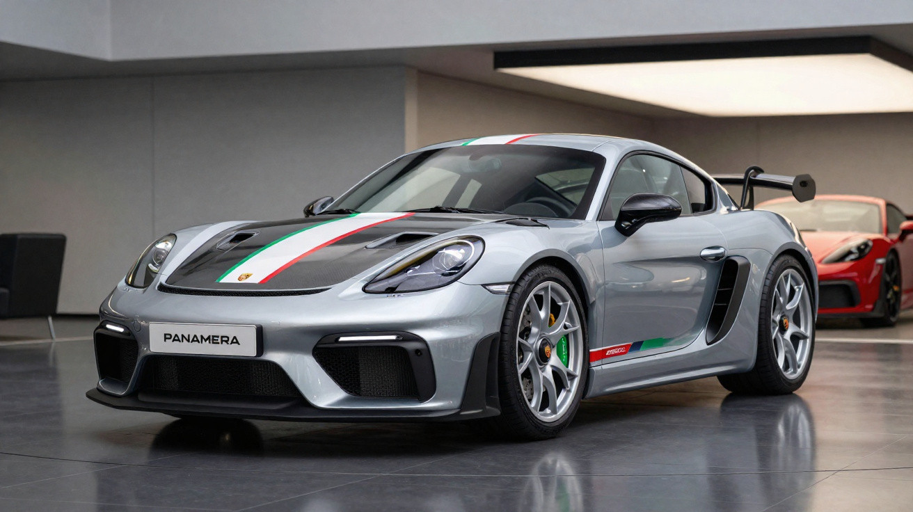 Carro esportivo prata com faixa tricolor no capô exibido em showroom moderno.