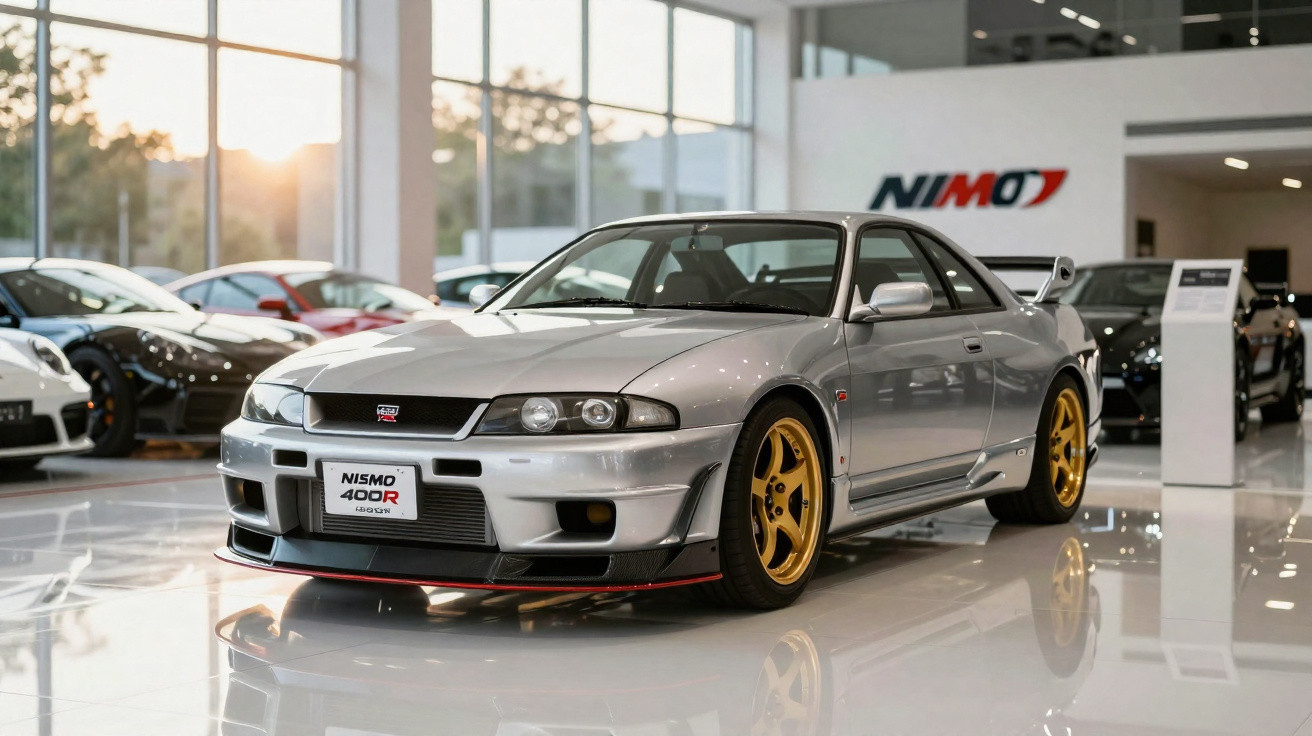 Carro esportivo prata Nissan Nismo 400R com rodas douradas exibido em showroom iluminado.