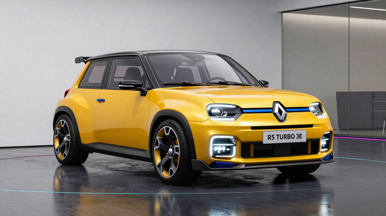 Carro elétrico Renault R5 Turbo 3E amarelo com teto preto exibido em sala moderna.