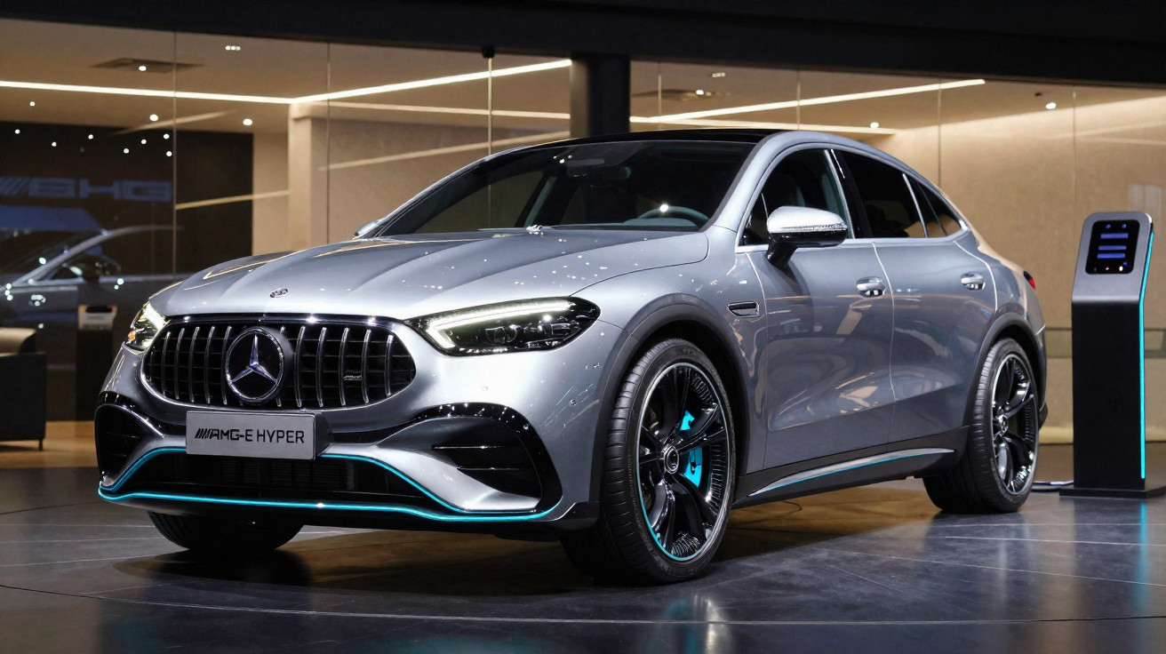 Carro elétrico Mercedes-AMG E Hyper cinza estacionado em ambiente interno moderno e iluminado.