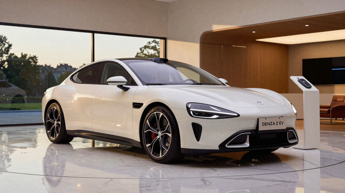 Carro elétrico branco Denza Z EV exposto em ambiente moderno e iluminado com piso brilhante.