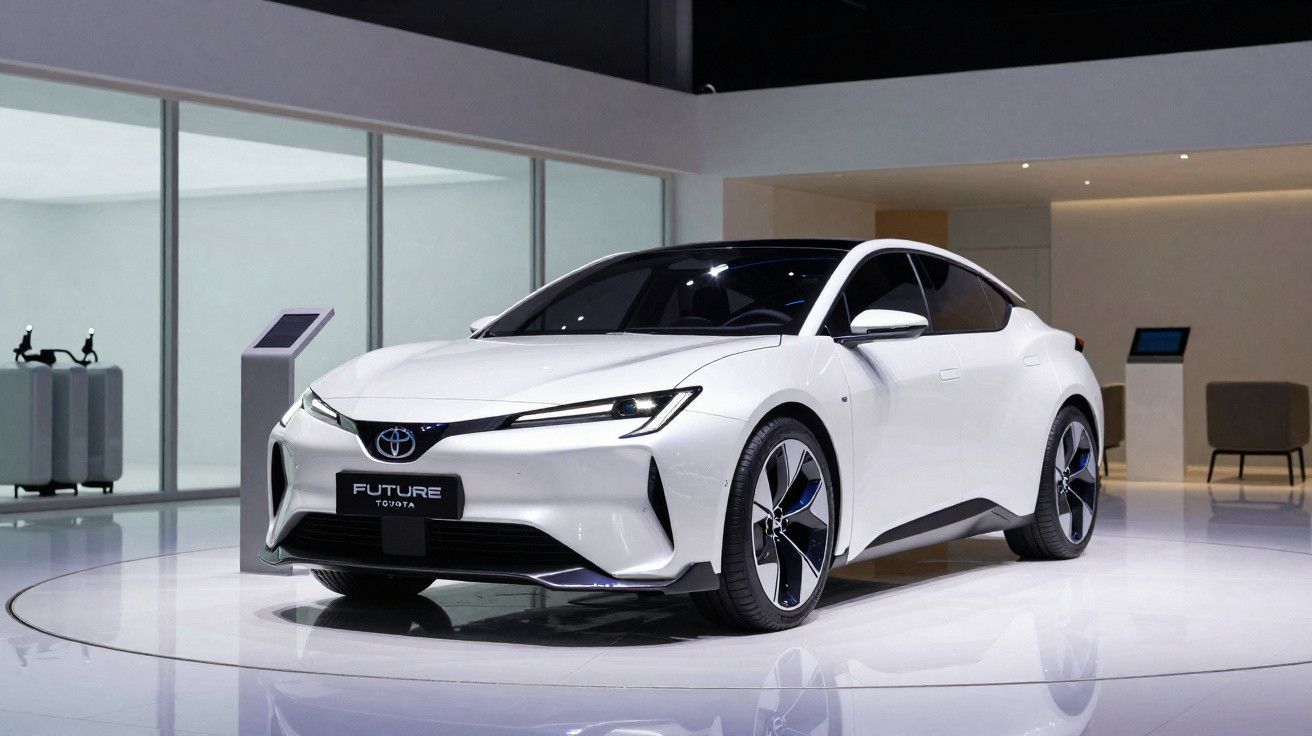 Carro elétrico branco Toyota Future exposto em salão moderno com piso branco e iluminação suave.