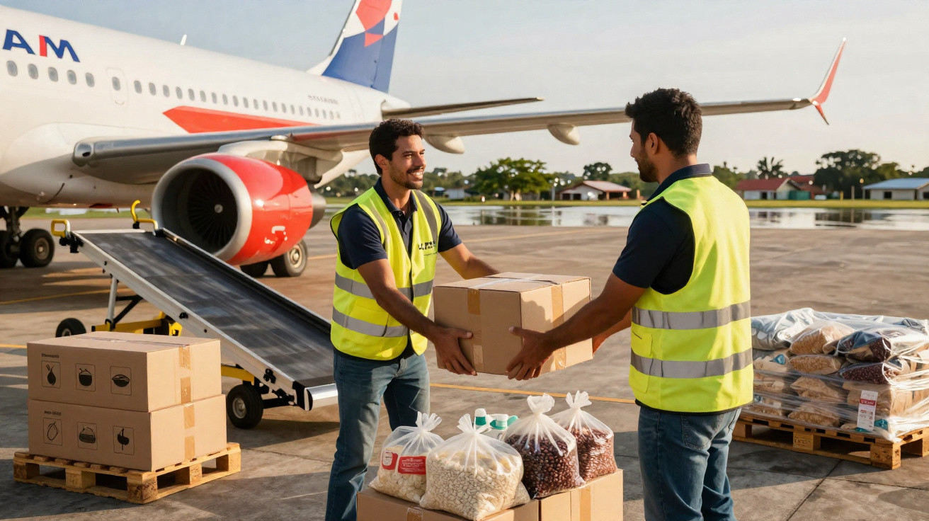 Dois trabalhadores com coletes refletivos carregam caixas perto de avião e produtos em sacos no aeroporto.