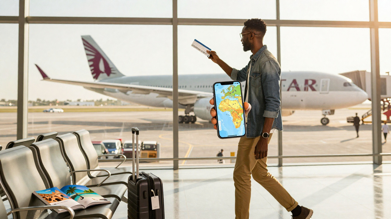 Homem no aeroporto com passaporte e celular mostrando mapa, ao lado de mala e avião Qatar ao fundo.