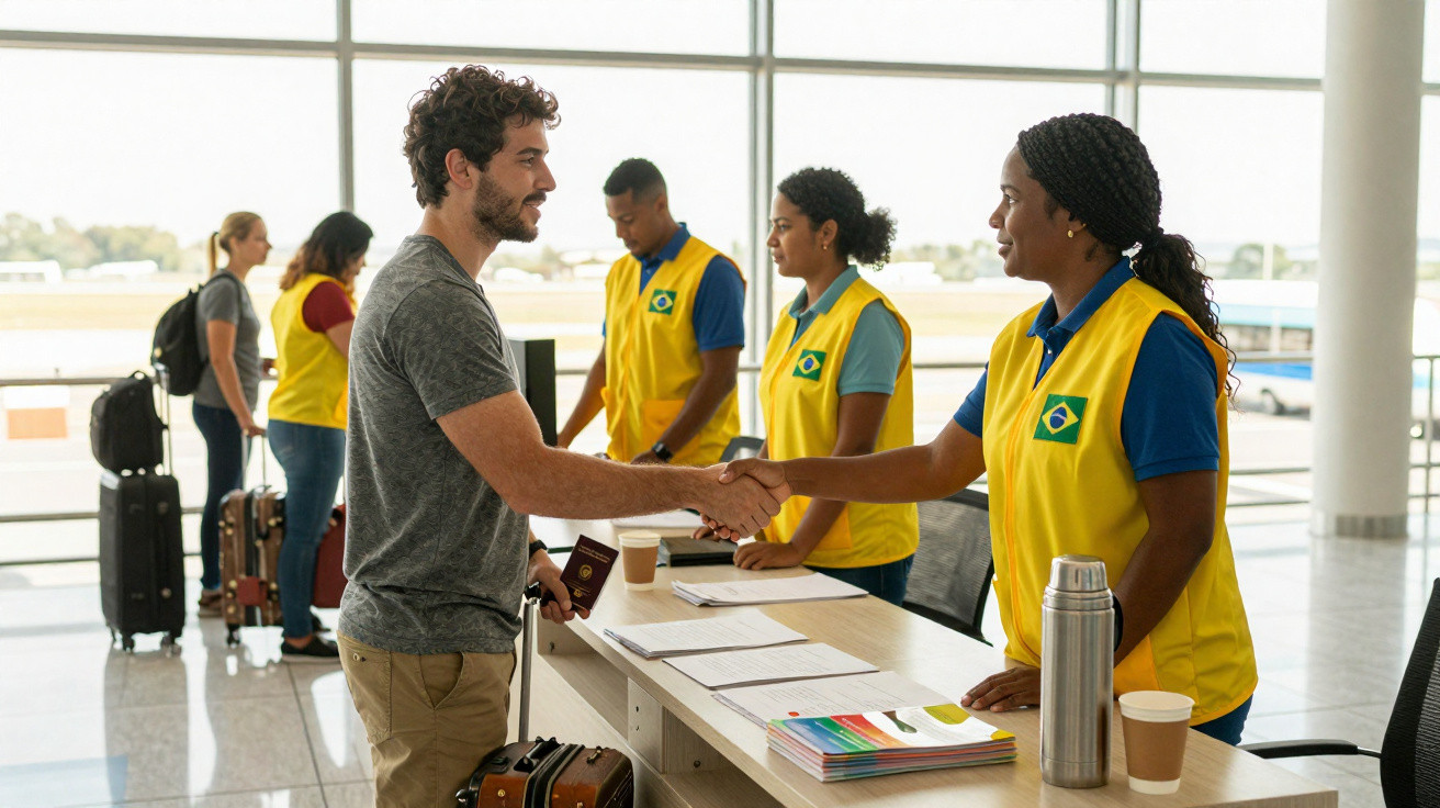 Homem com bagagem cumprimenta funcionária de aeroporto vestindo colete amarelo com bandeira do Brasil.