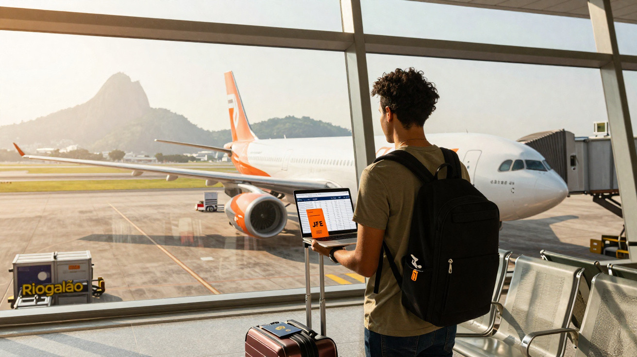 Homem com mochila e mala observa avião no aeroporto Santos Dumont, Rio de Janeiro, usando laptop.