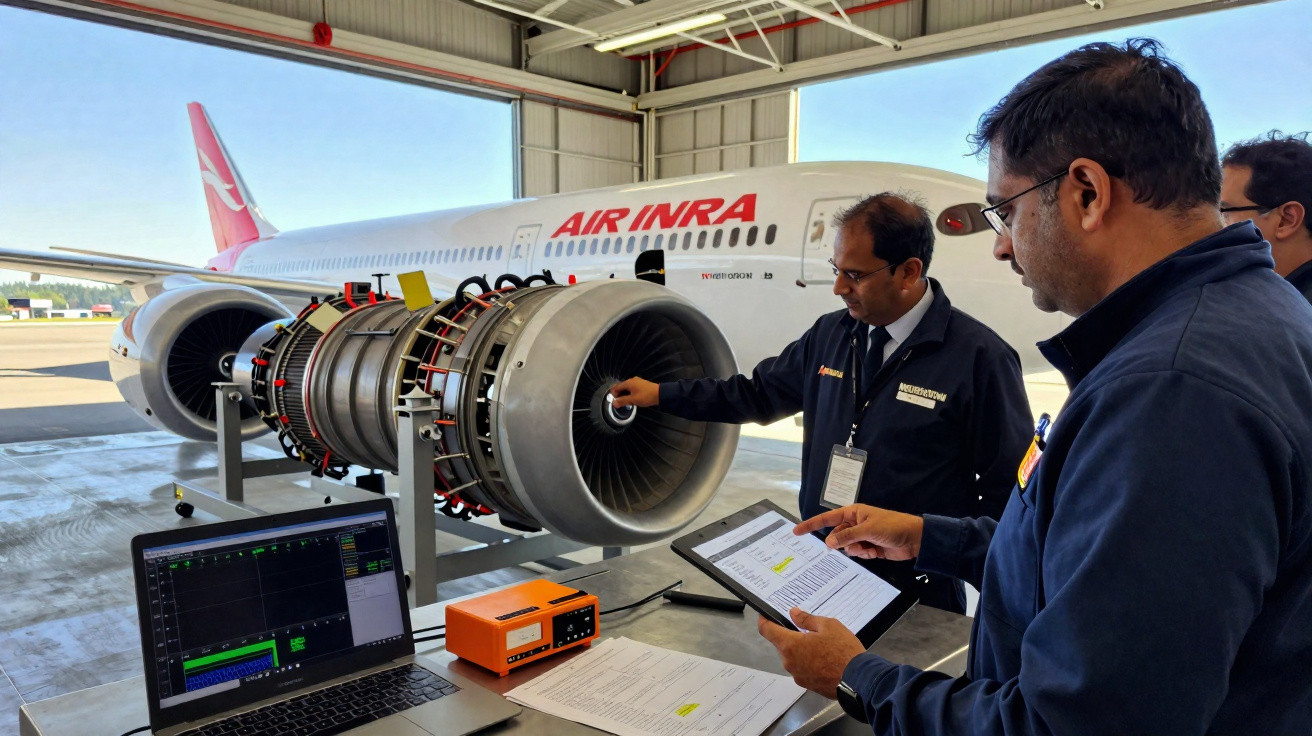 Técnicos realizando manutenção em motor de avião na área de hangar com computador e documentos.