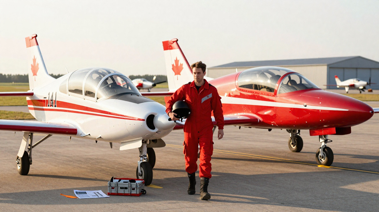Homem vestindo macacão vermelho caminha entre dois aviões pequenos em pista de aeroporto.