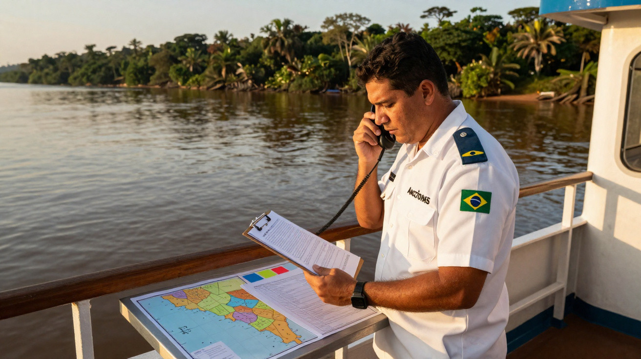 Homem em uniforme branco da Marinha do Brasil usando rádio e analisando mapa em barco no rio Amazonas.