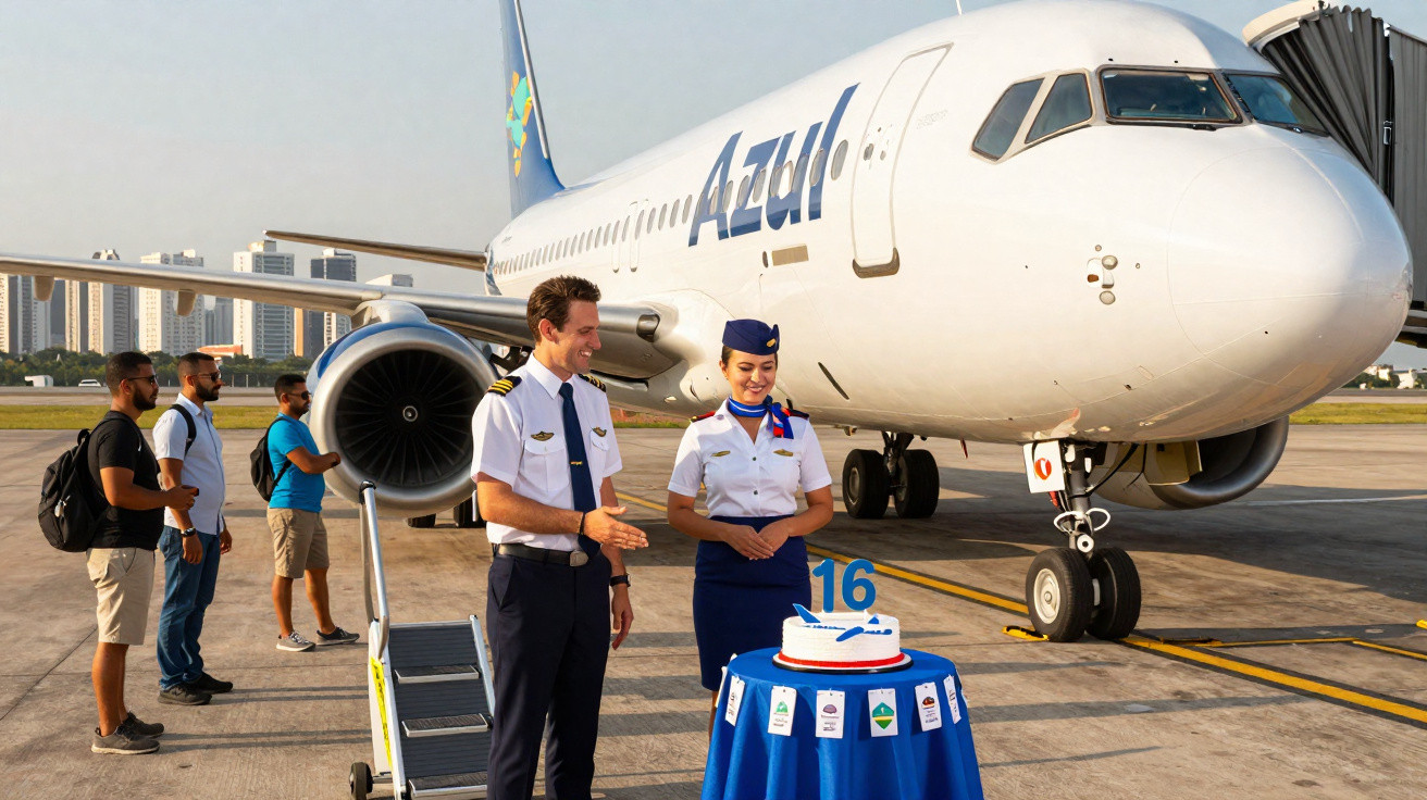Piloto e comissária comemoram 16 anos da Azul com bolo na pista ao lado de avião e passageiros formando fila.