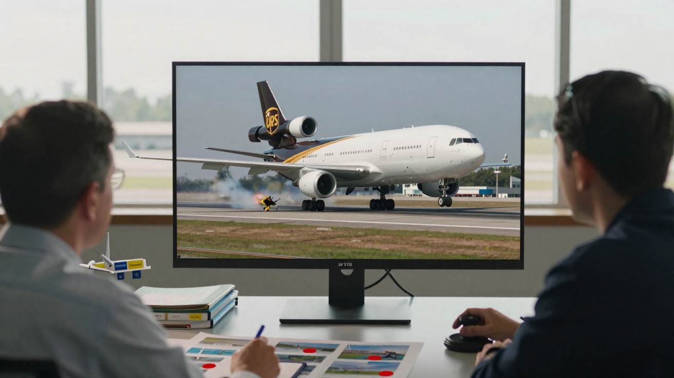 Duas pessoas observam em monitor imagem de avião da UPS pousando em pista de aeroporto.