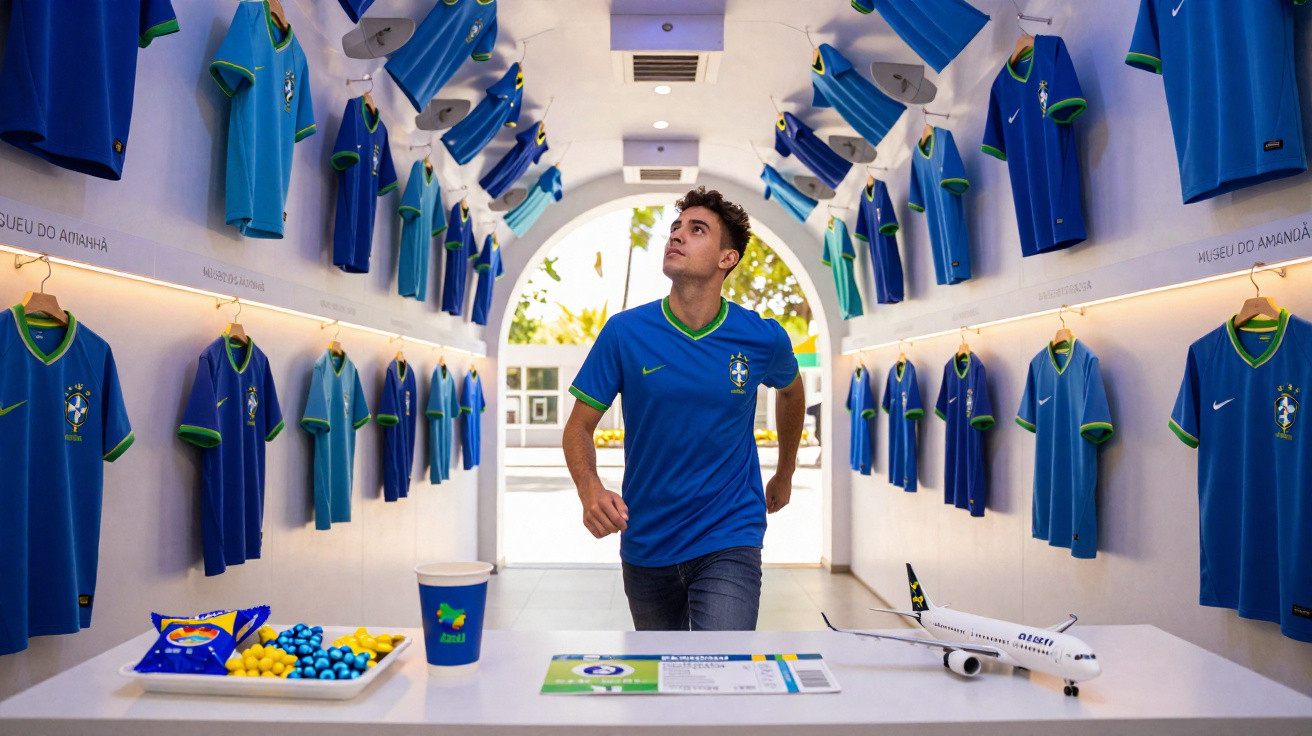 Homem veste camisa da seleção brasileira azul em sala com diversas camisas penduradas nas paredes.