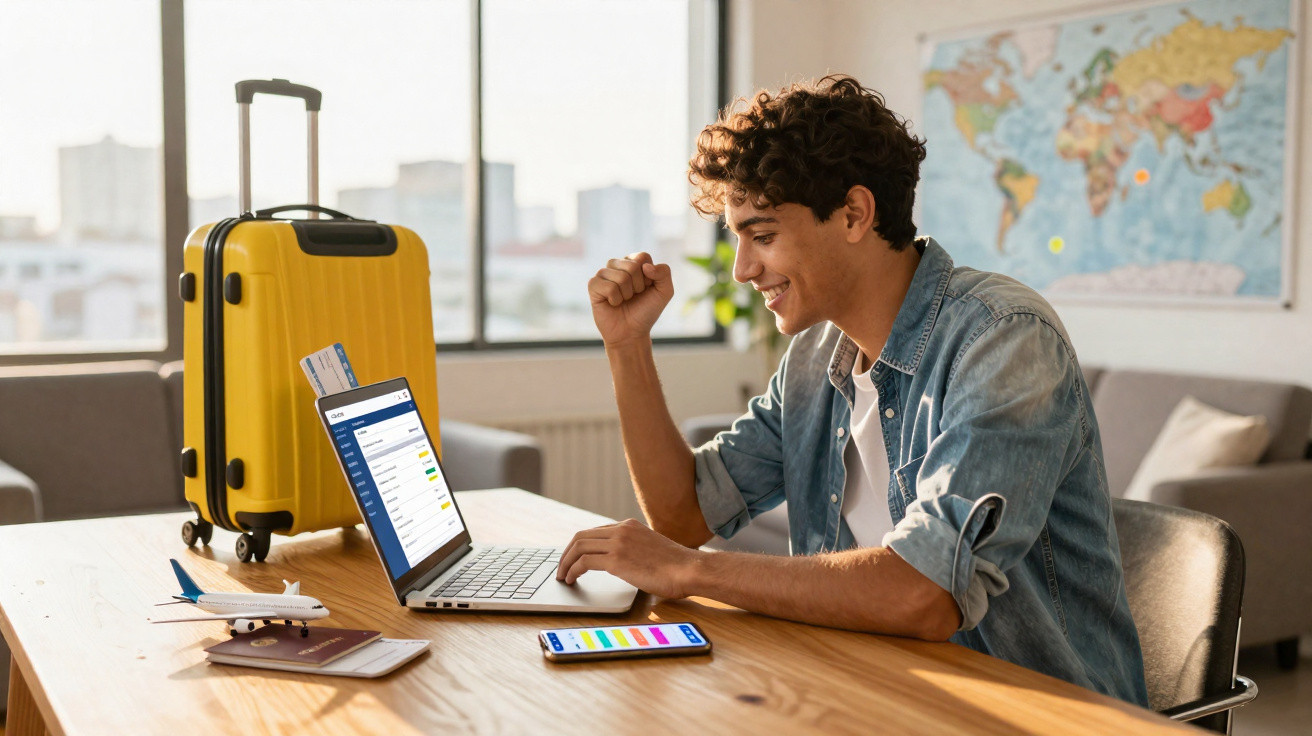 Jovem feliz usando laptop para organizar viagem, com mala amarela, passaporte, mapa e celular na mesa.