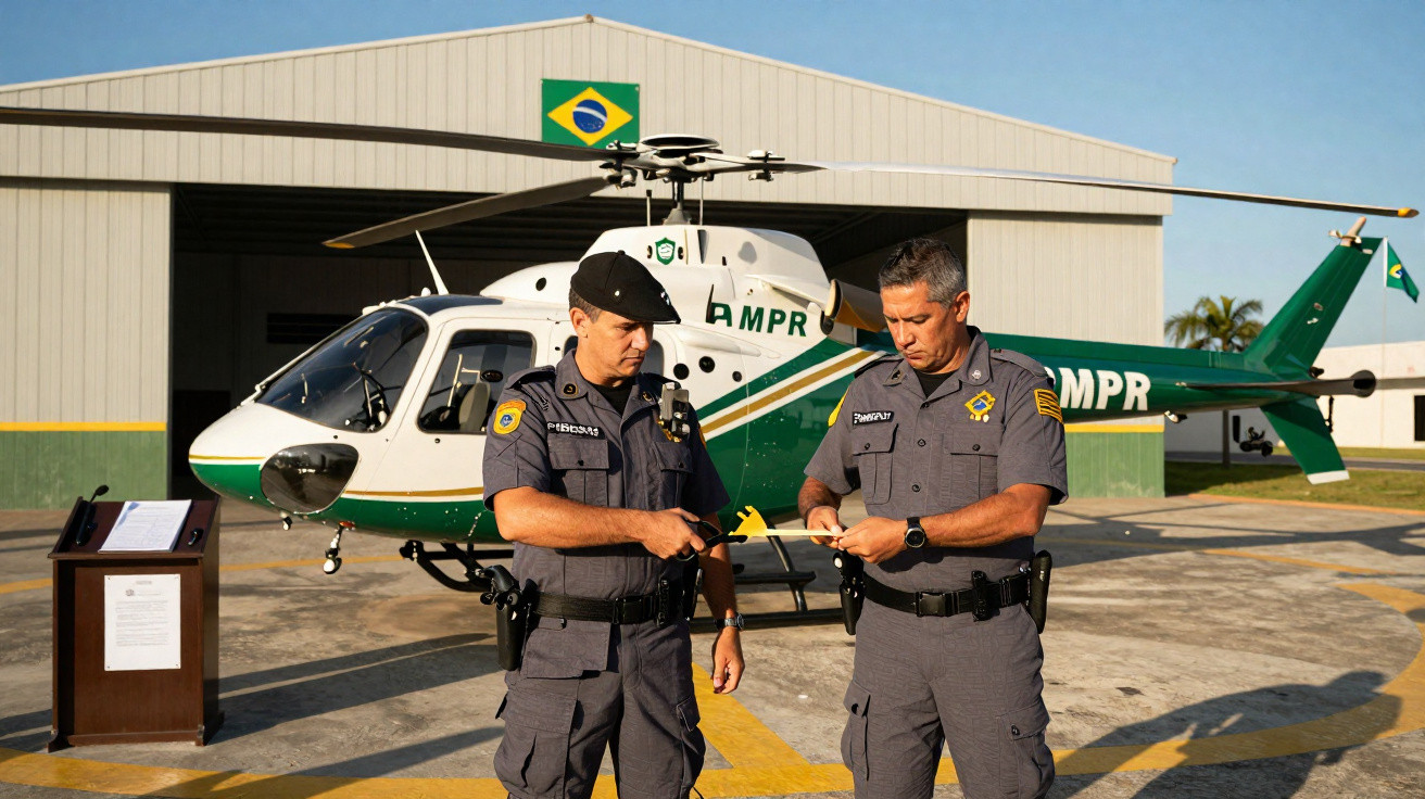 Dois policiais em uniforme cinza estão em frente a um helicóptero verde e branco da PMPR em heliporto.
