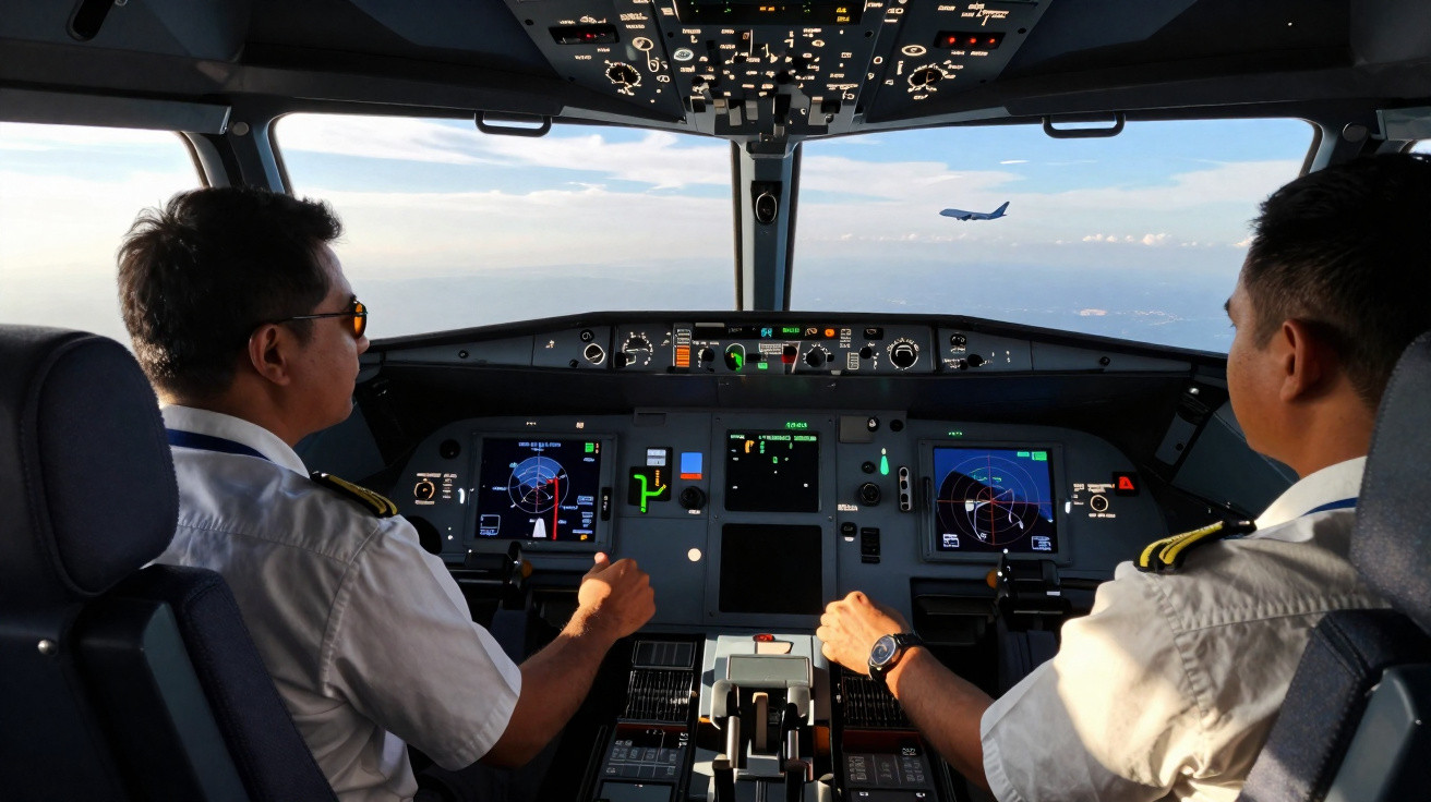 Dois pilotos operando os controles em uma cabine de avião com outro avião visível no céu.