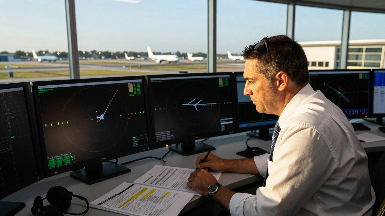 Controlador de tráfego aéreo trabalhando em torre com monitores e aviões ao fundo.