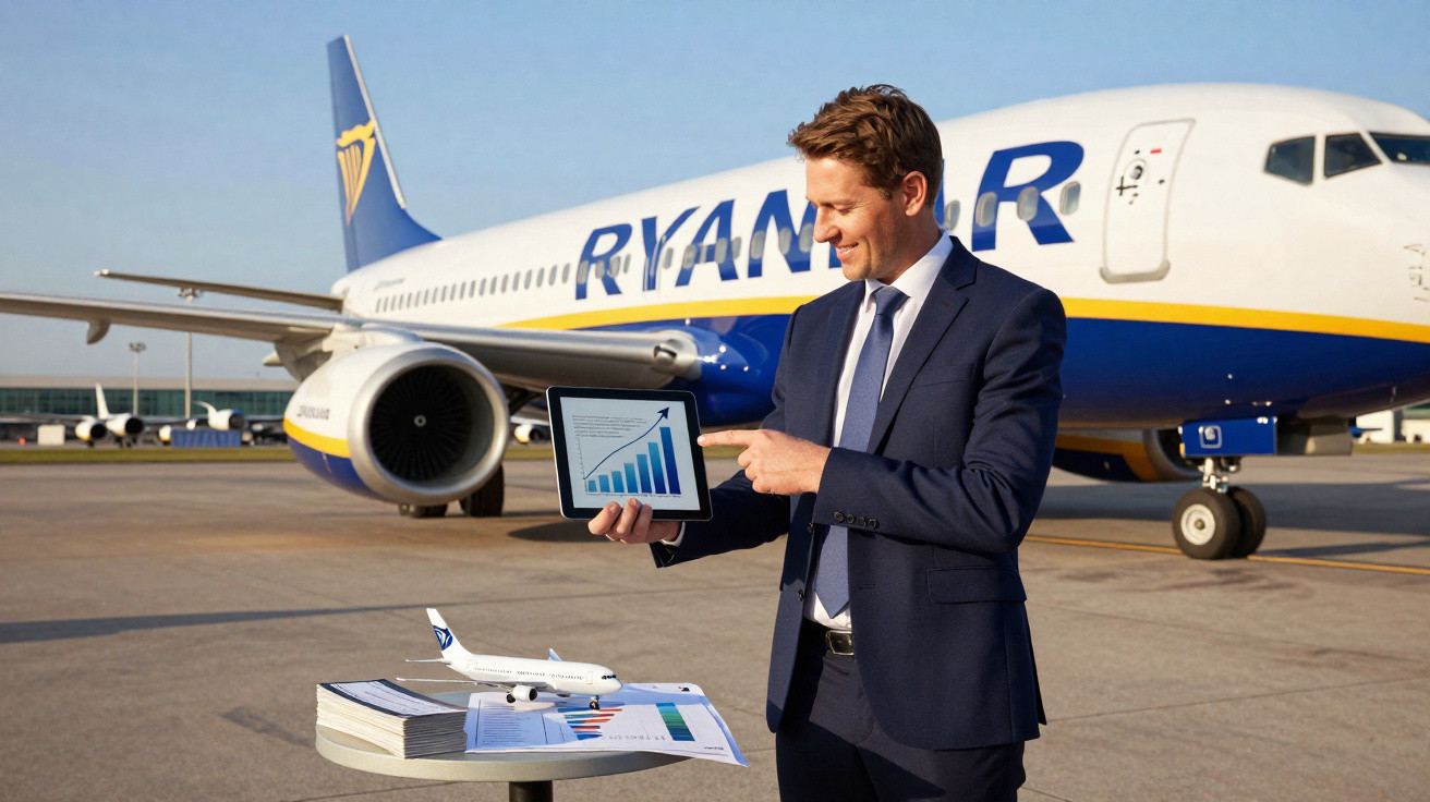 Homem de terno apresenta gráfico de crescimento em tablet na frente de avião Ryanair no aeroporto.