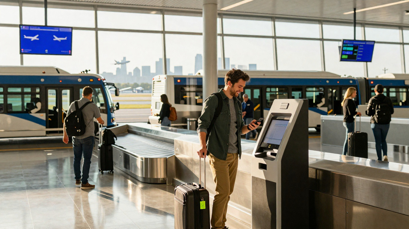 Homem com mala interage com máquina de autoatendimento em área de bagagem de aeroporto.