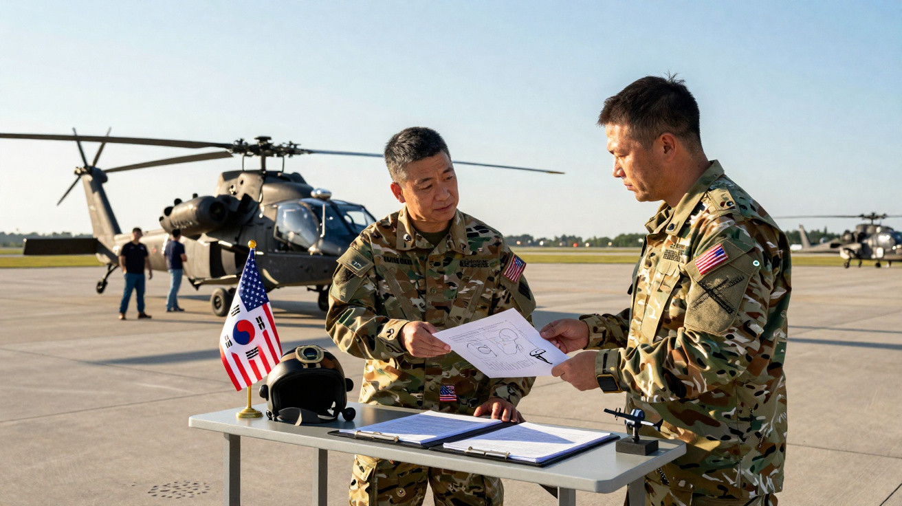 Dois soldados em uniforme militar conversando ao lado de uma mesa com documentos e capacete, com helicópteros ao fundo.