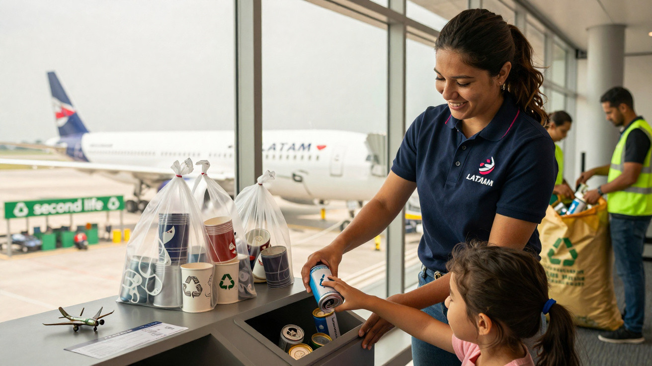 Mulher e criança reciclando latas em aeroporto com avião LATAM ao fundo.