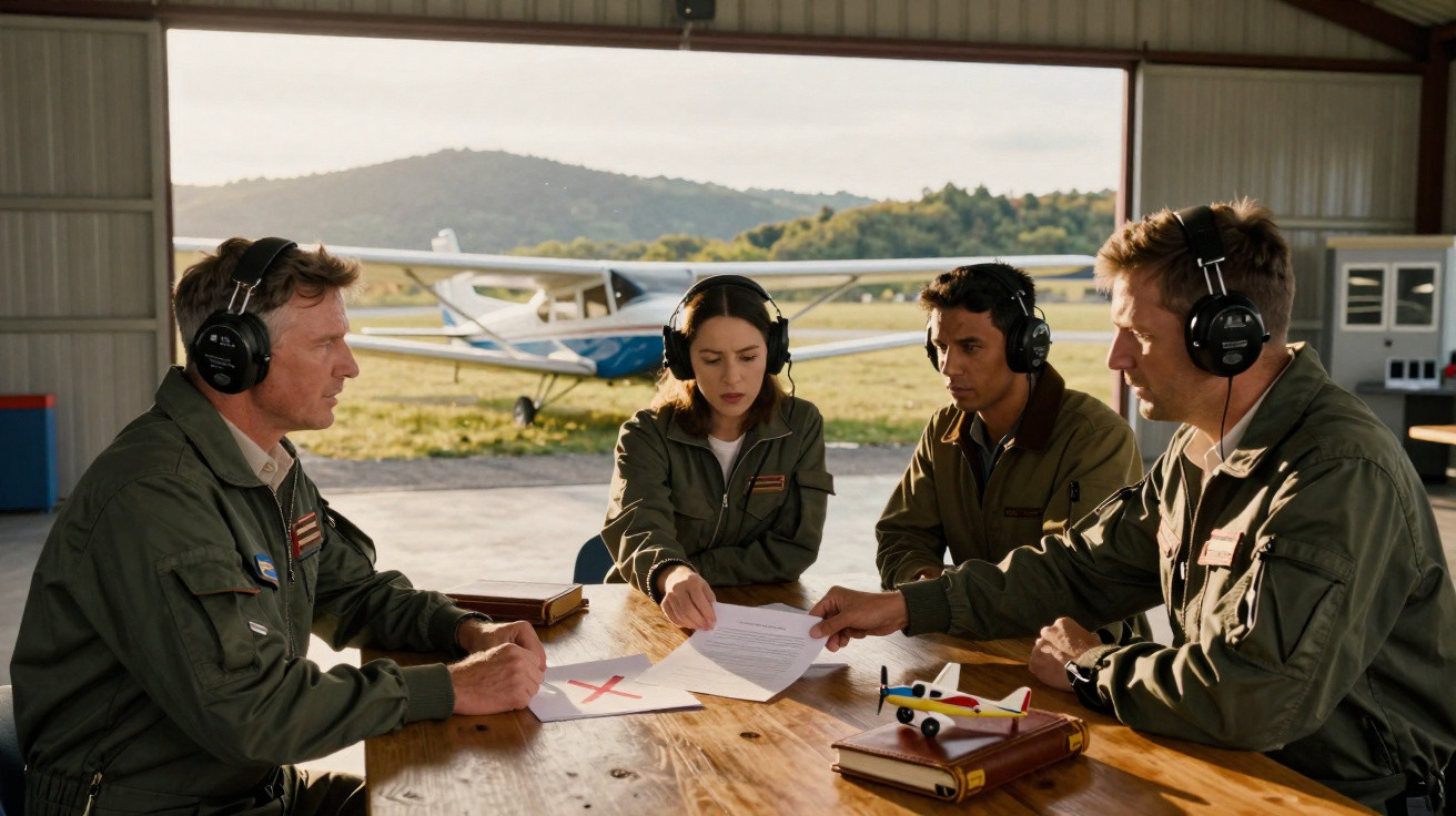 Quatro pilotos em uniforme discutem documentos em hangar com avião ao fundo durante o dia.