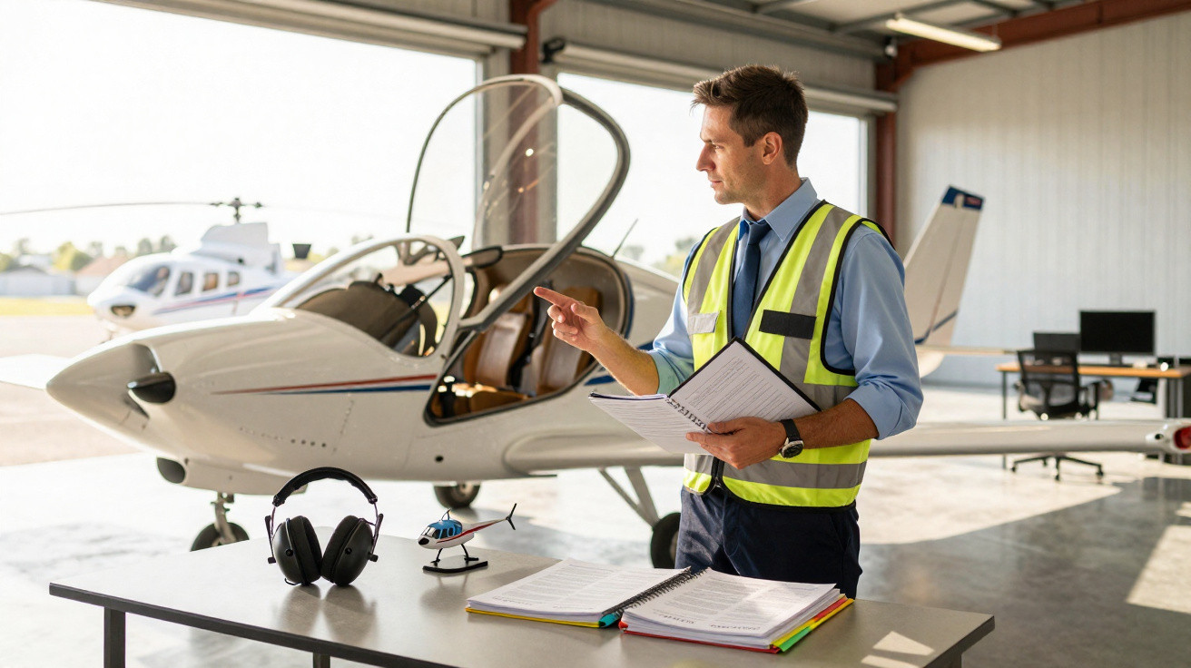 Homem com colete de segurança inspeciona avião leve dentro de hangar com fones e modelo de helicóptero na mesa.