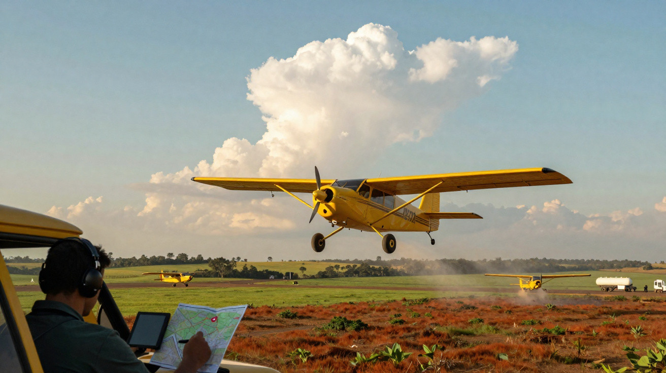 Avião agrícola amarelo decolando em campo aberto com céu azul e nuvens brancas ao fundo.