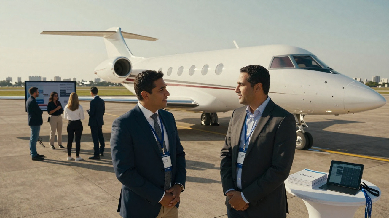 Dois homens conversam em frente a um jato privado no aeroporto durante evento corporativo.