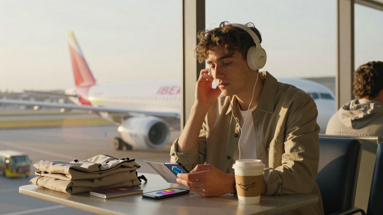 Jovem usando fones sentado em aeroporto com tablet, café e avião ao fundo em dia ensolarado.
