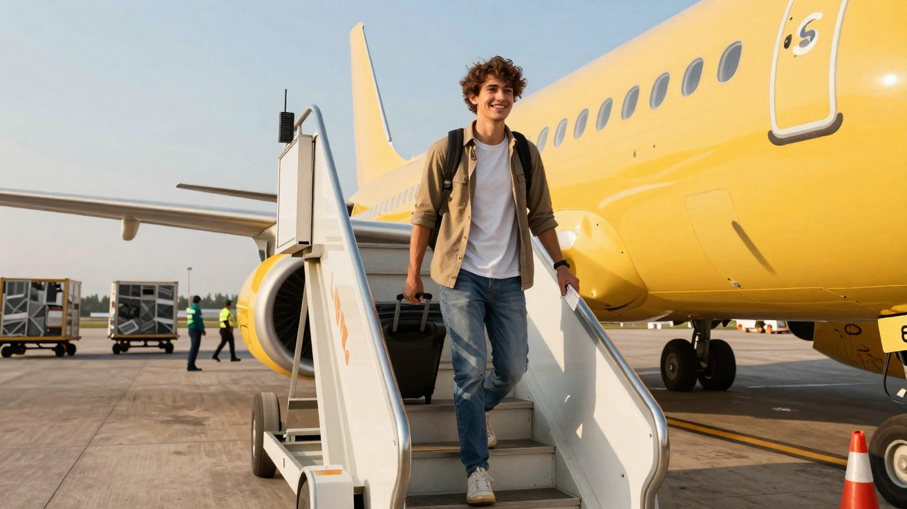 Homem sorridente descendo escada de avião amarelo no aeroporto com mala de rodinhas preta.
