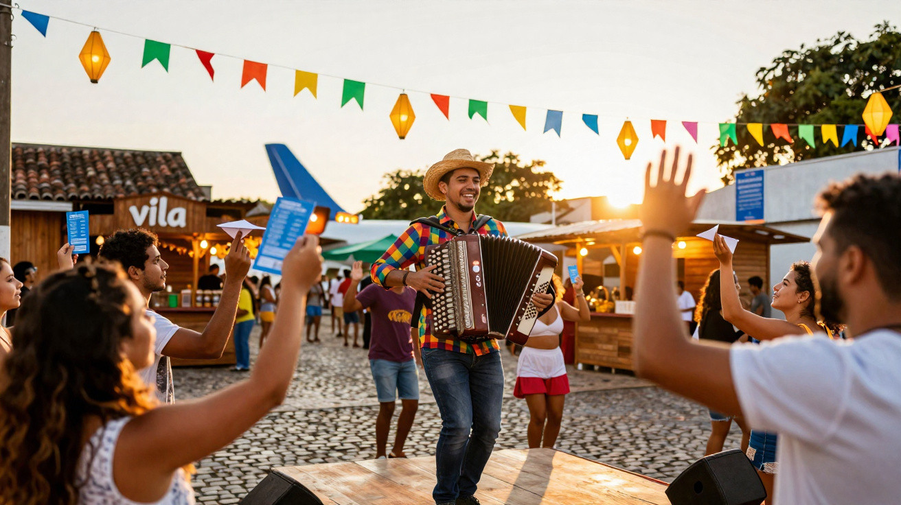 Homem tocando sanfona em festa junina ao ar livre com pessoas dançando e bandeirinhas coloridas decorando o espaço.