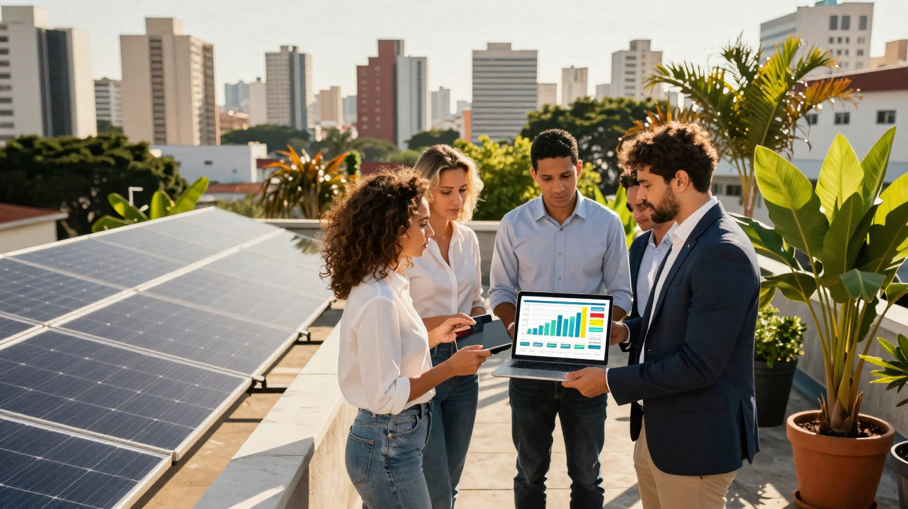 Grupo de jovens profissionais analisando gráfico em laptop próximo a painéis solares em telhado urbano.