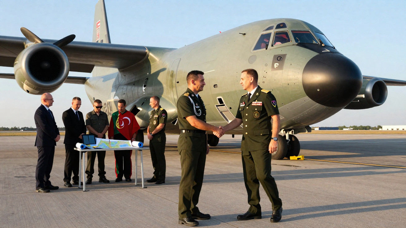 Dois militares em uniforme apertam as mãos na frente de avião militar cinza estacionado na pista.
