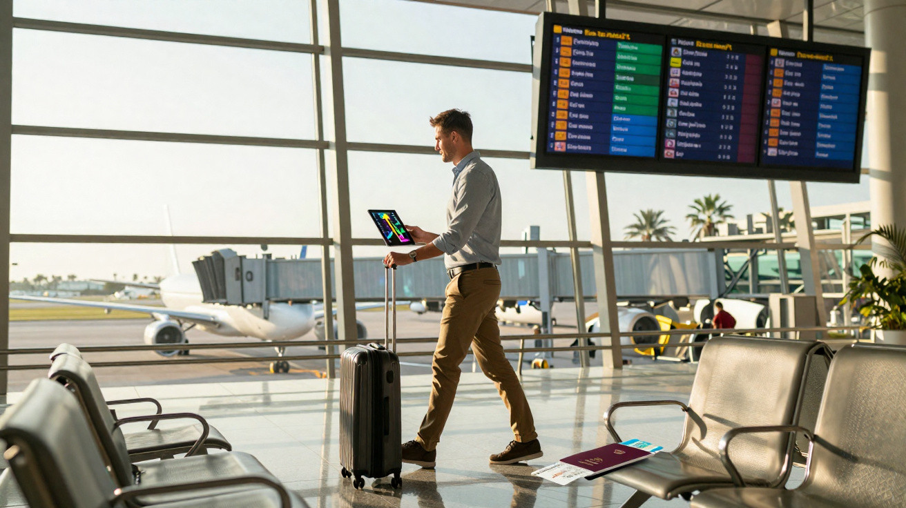Homem caminhando no aeroporto com mala, olhando tablet, com avião e painel de voos ao fundo.