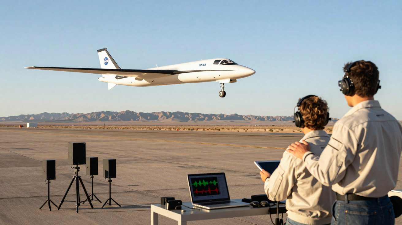 Avião futurista branco voando baixo em pista de pouso com duas pessoas analisando dados em computador.