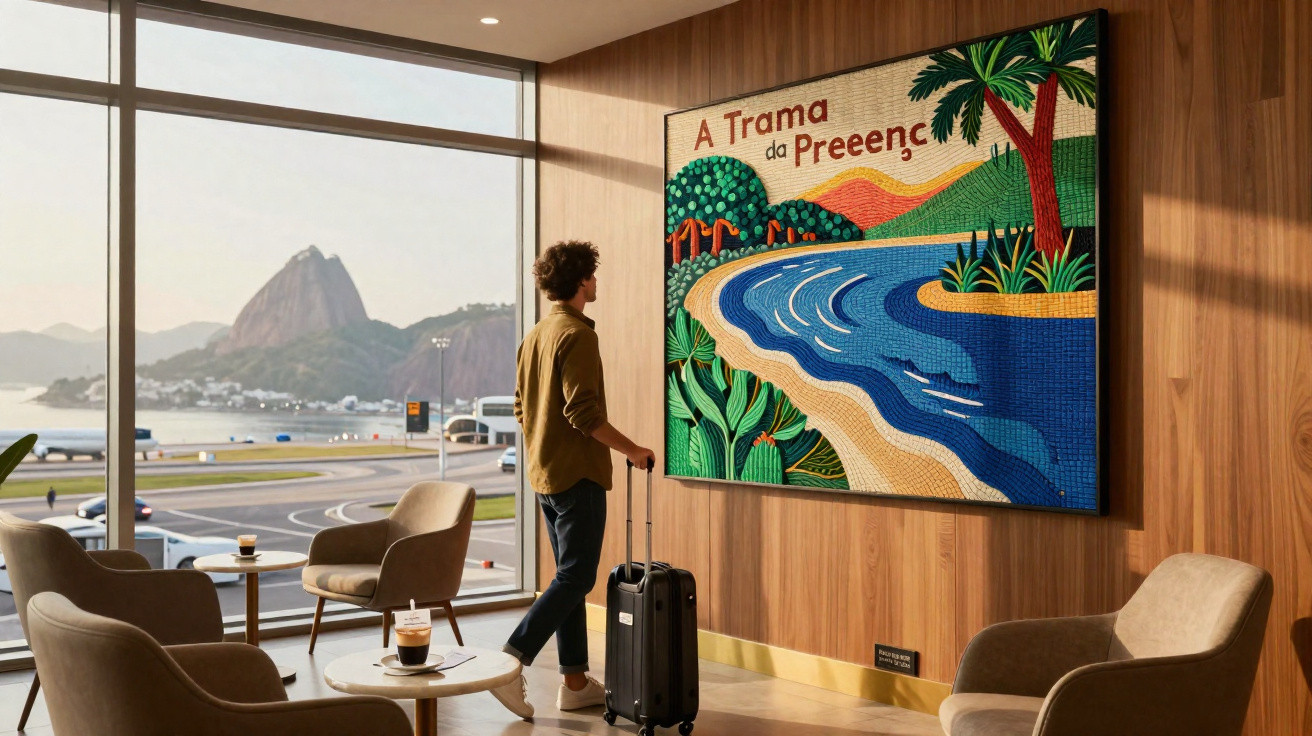 Homem com mala observa pintura colorida em sala com vista para o Pão de Açúcar no Rio de Janeiro.