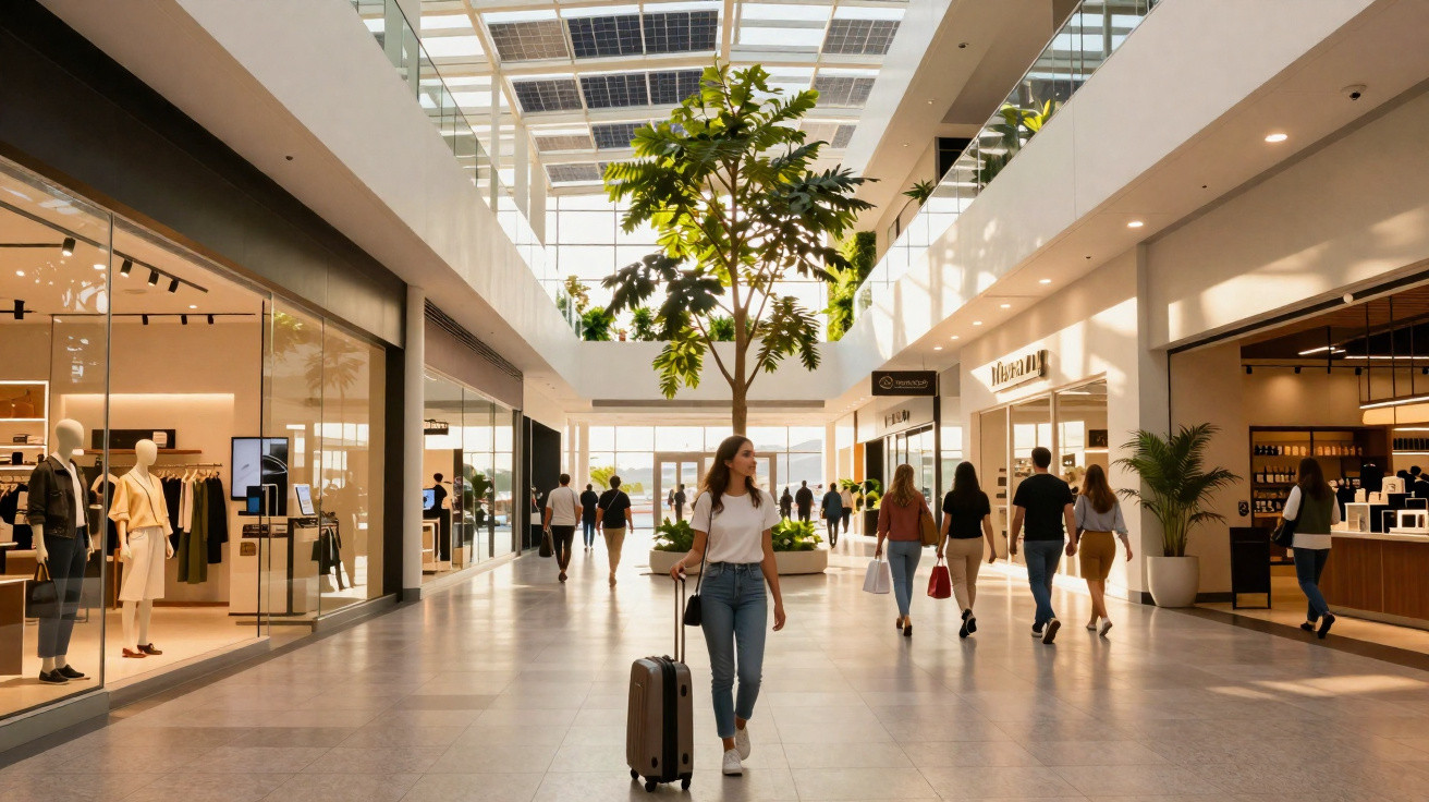 Mulher com mala de rodinhas caminha em shopping moderno com iluminação natural e lojas ao redor.
