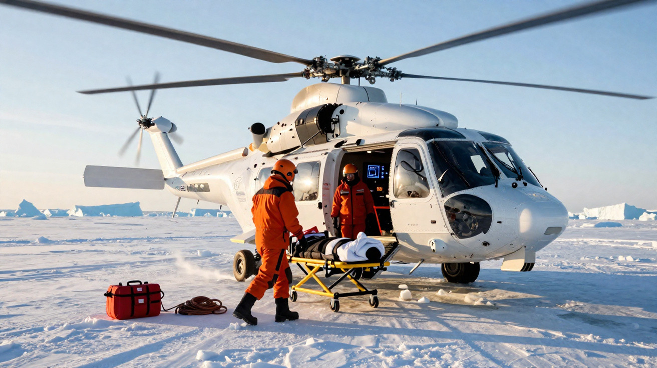 Equipe de resgate com macas e helicóptero em campo de gelo com icebergs ao fundo.