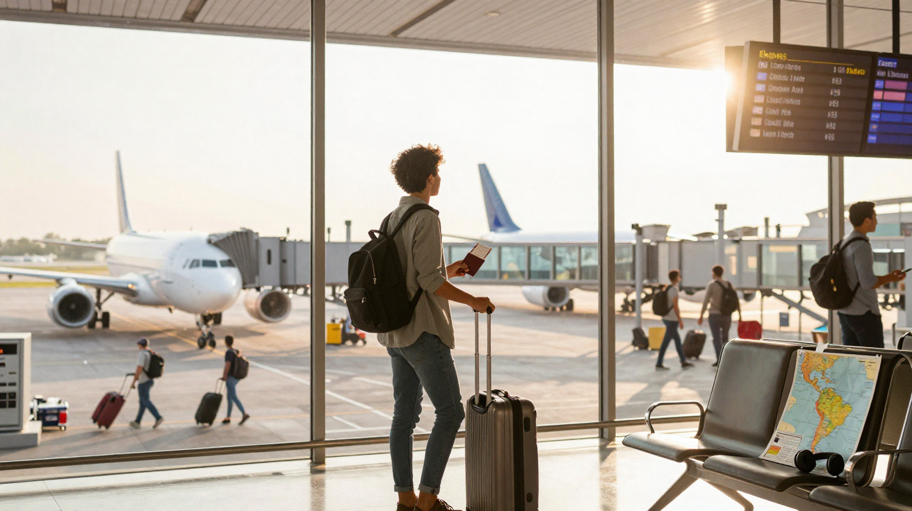Pessoa de mochila e mala observa voos enquanto espera no aeroporto com aviões ao fundo e mapa sobre banco.